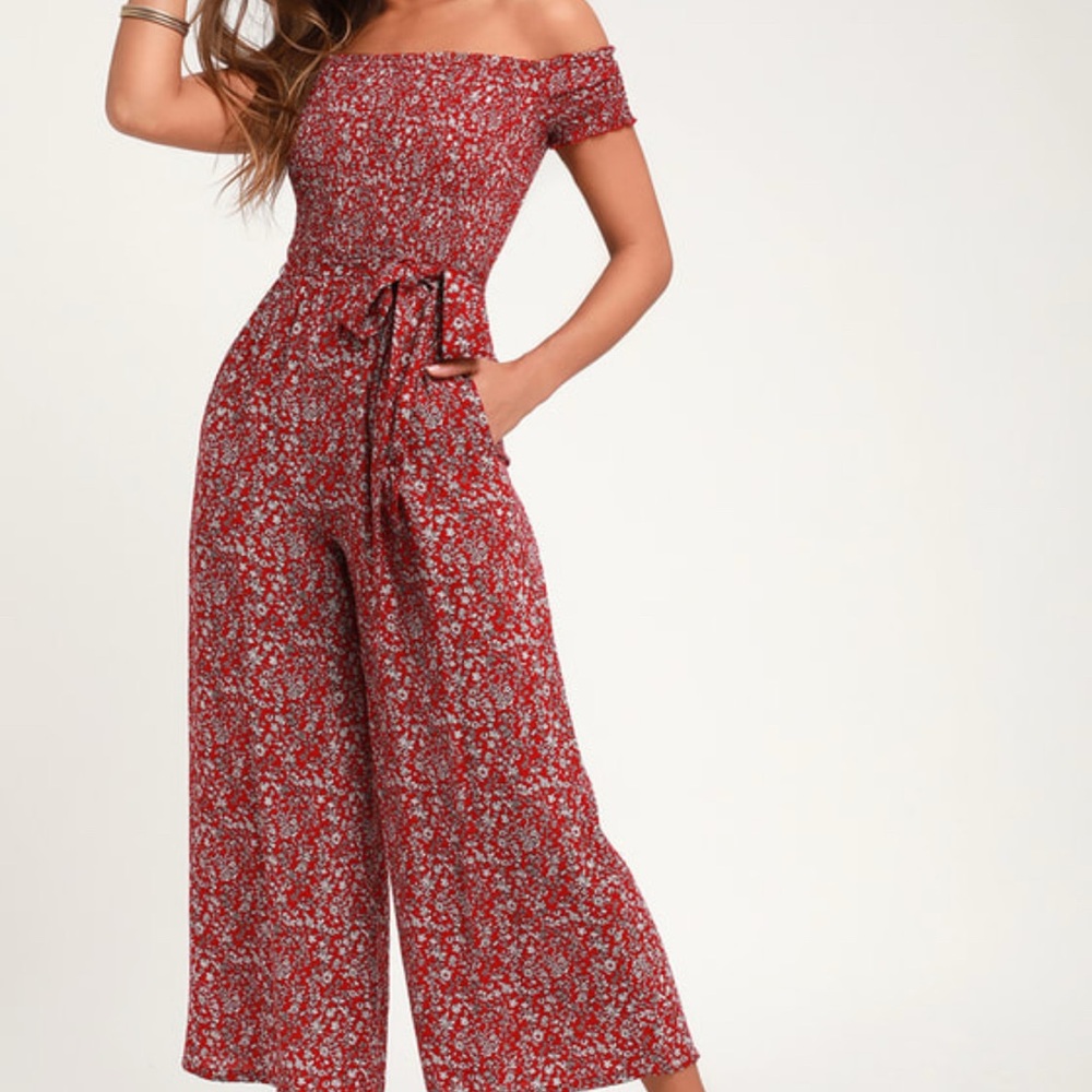 Lulus Behold Red Floral Print Off-the-Shoulder Jumpsuit Size L